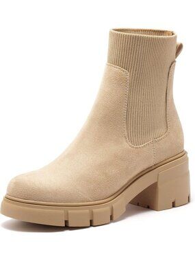 Women's Nude Faux Suede Elastic Chelsea Chunky Block Heel Lug Sole Ankle Boots